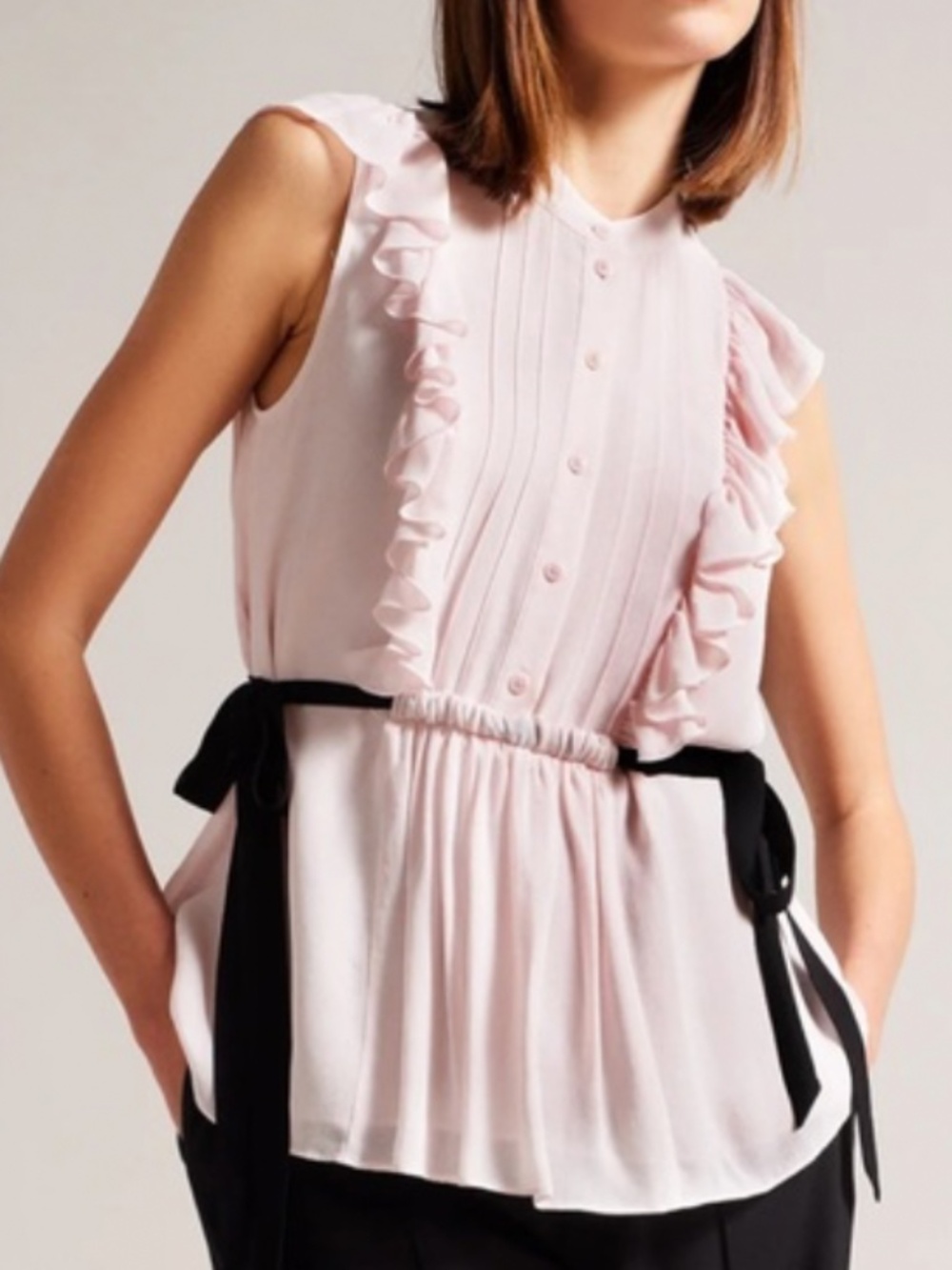 Ted Baker Blush Pink Ruffle Blouse with Black Ribbon Tie – Size 1